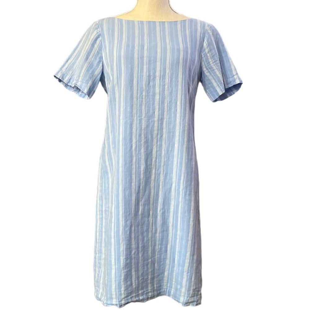 Anthropologie Cape May Blue Striped Linen Blend Bow Back Midi Dress - Picture 2 of 9